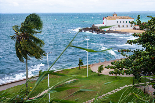 View of the Ponta de Humaitá church in Salvador, Bahia, Brazil. Sea of the Bay of All Saints.