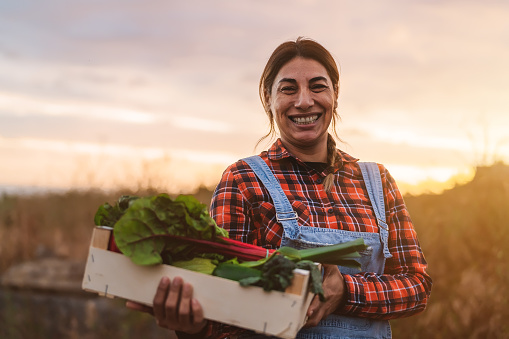Mujer agricultora feliz sosteniendo una caja de madera que contiene verduras frescas photo
