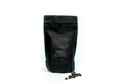 Template Bag of coffee with few coffee beans on the white background
