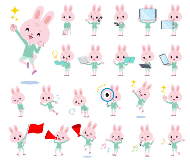 ilustrações de stock, clip art, desenhos animados e ícones de a set of rabbit boy with digital equipment such as smartphones - animal cute exhaustion technology