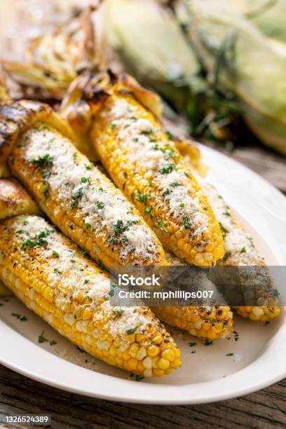 Grilled Corn On The Cob With Parmesan Cheese Stock Photo - Download Image Now - Corn, Corn - Crop, Corn On The Cob