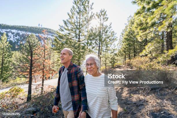 Active Retired Couple Hiking In Forest Stock Photo - Download Image Now - Senior Adult, Retirement, Walking