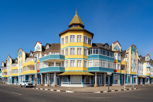 Colourful colonial buildings in Swakopmund, Namibia.