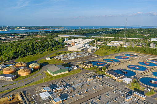 Aerial panoramic view of modern urban wastewater treatment plant water purification is the process of removing undesirable chemicals