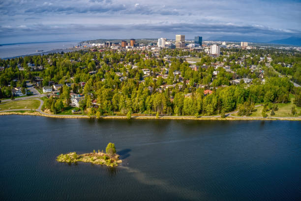 Aerial View of the downtown Anchorage, Alaska Skyline during Summer stock photo
