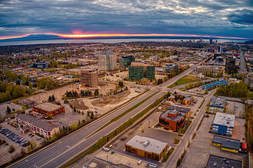 Aerial View of a Sunset over the Midtown Business District of Alaska