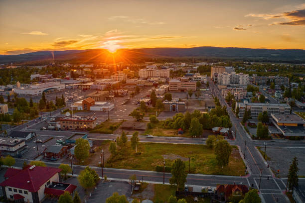 Aerial View of Downtown Fairbanks, Alaska during a Summer Sunset Aerial View of Downtown Fairbanks, Alaska during a Summer Sunset fairbanks photos stock pictures, royalty-free photos & images