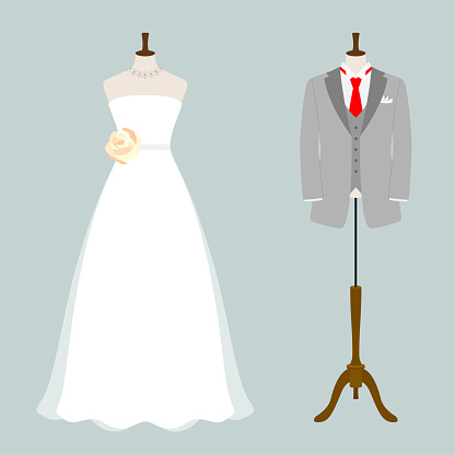Illustration of tuxedo and wedding dress (white background, vector, cut out)