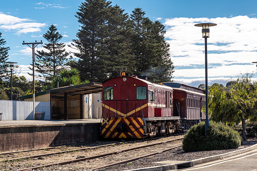 Goolwa, South Australia - May, 16 2021: Tourist train service parked at Goolwa train station waiting for passengers to travel to Victor Harbor.