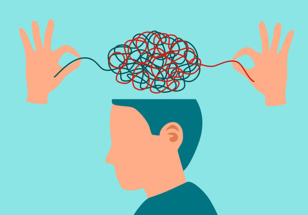 istock Mental illness patient male having psychotherapy concept vector illustration. Hands untangle psychological tangle above human head. Mind therapy. 1326547076