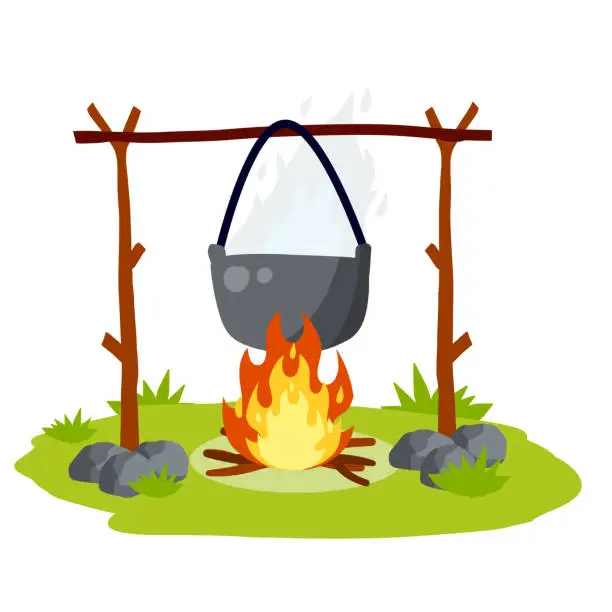 Vector illustration of Cooking on fire in pot. cauldron and campfire. Hot red and orange flames. Outdoor Grass, branch and stones. Camp lunch. Cartoon flat illustration