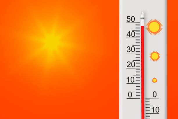 celsius skala thermometer zeigt plus 48 grad. gelbe sonne am roten himmel. sommerhitze - d key stock-fotos und bilder