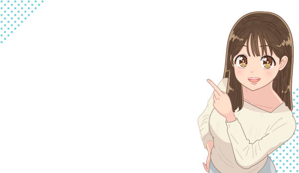 A cute young girl points to the left. A cute young girl points to the left. anime stock illustrations