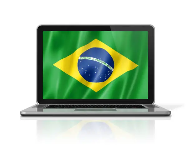 Brazil flag on laptop screen isolated on white. 3D illustration render.