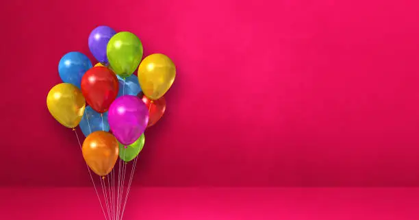 Colorful balloons bunch on a pink wall background. Horizontal banner. 3D illustration render