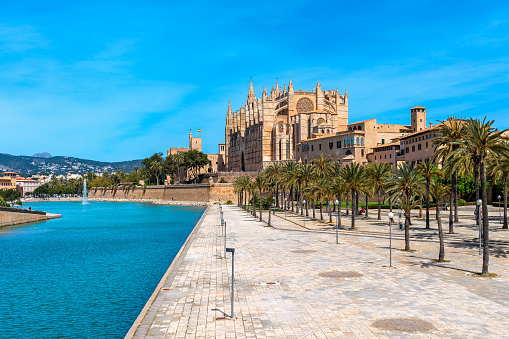 Artificial pond in Parc de La Mar and famous La Sue Cathedral under blue sky in Palma de Mallorca, Spain.