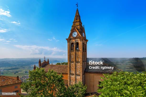 Old Brick Belfry Under Blue Sky In Magliano Alfieri Italy Stock Photo - Download Image Now