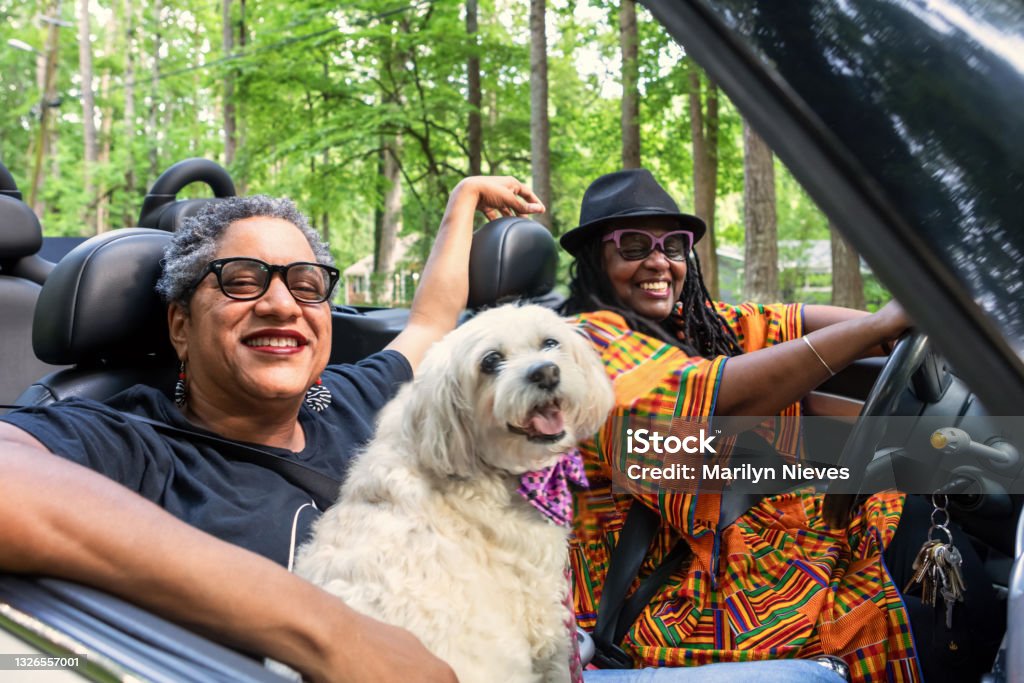 lgbt family driving in their convertible Family Stock Photo