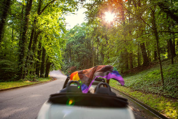 lgbt couple driving in their convertible celebrating Pride