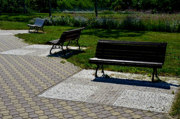 istock in the park. solid concrete bench with a log as a backrest. perennial flower beds and lawns in the background 1326559682