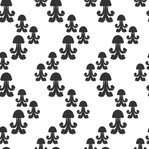 Vector illustration of Seamless pattern with black jellyfish or medusa on white background.