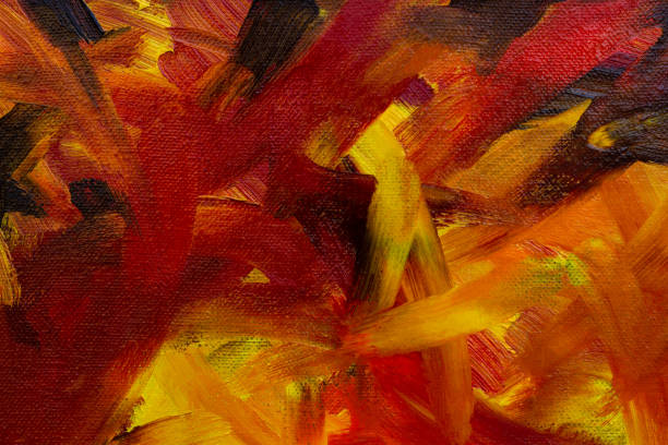 Red orange yellow black painting. Abstract multi-colored art background with oil paints. stock photo