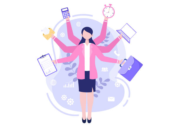 Multitasking Business Woman Or Office Worker as Secretary Surrounded By Hands With Holding Every Job In The Workplace. Vector Illustration Multitasking Business Woman Or Office Worker as Secretary Surrounded By Hands With Holding Every Job In The Workplace. Vector Illustration secretary stock illustrations