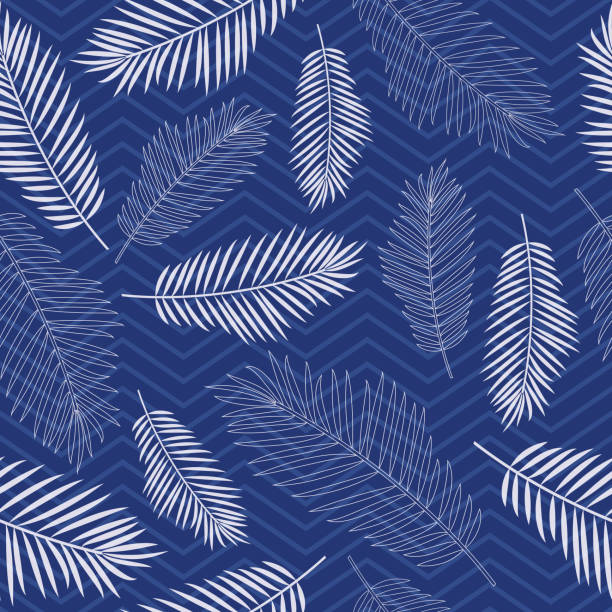 istock Seamless tropics background. Tropical leaves on a background of zigzag lines in blue 1326566023