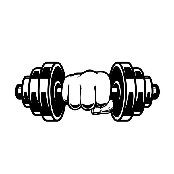 Fist with dumbbell. Design element for poster, card, banner, sign. Vector illustration Fist with dumbbell. Design element for poster, card, banner, sign. Vector illustration dumbbell stock illustrations