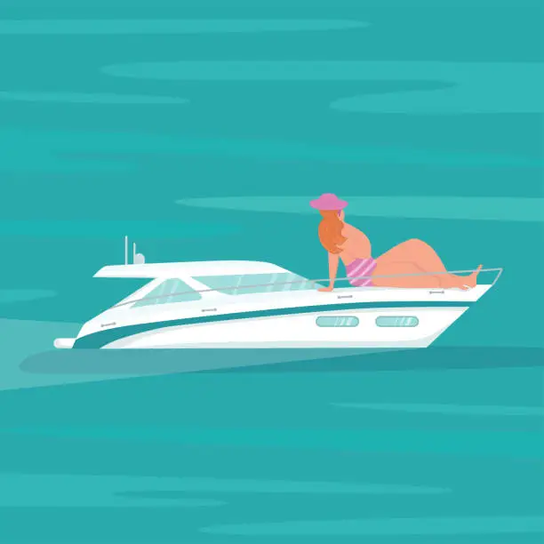 Vector illustration of Modern speed yacht with body positive woman in ocean, sea.
