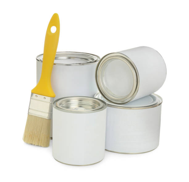 istock Closed blank cans of paint and brush on white background 1326570691