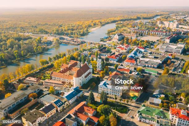Pinsk Brest Region Belarus Pinsk Cityscape Skyline In Autumn Morning Birdseye View Of Cathedral Of Name Of The Blessed Virgin Mary And Monastery Of The Greyfriars Famous Historic Landmarks Stock Photo - Download Image Now