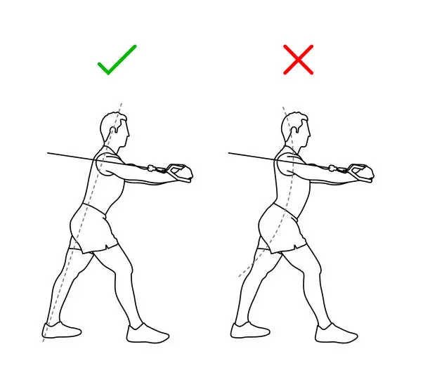 Vector illustration of Isolated fitness man standing training chest with pulley. Right and wrong, do and don`t. Sketch black line vector illustration.