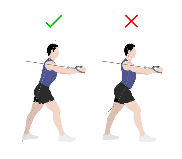 ilustrações de stock, clip art, desenhos animados e ícones de isolated fitness man standing training chest with pulley. right and wrong, do and don`t. flat style colorful vector illustration. - human muscle human arm muscular build body building