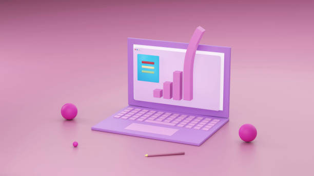istock Minimal concept, Laptop on table Work desk pink and violet color and mock-up for your text with notebook and cup. 3d render. - Illustration 1326574384