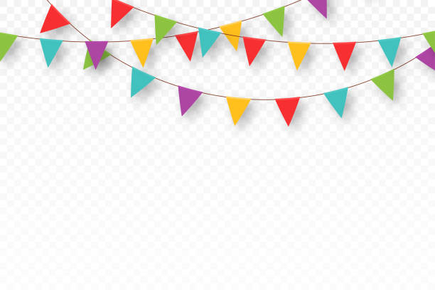 karneval girlande mit wimpeln. dekorative bunte party-flaggen für geburtstagsfeier, festival und faire dekoration. festlicher hintergrund mit hängenden fahnen und wimpeln - schulfest stock-grafiken, -clipart, -cartoons und -symbole
