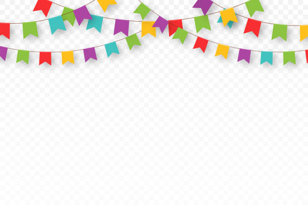 karneval girlande mit wimpeln. dekorative bunte party-flaggen für geburtstagsfeier, festival und faire dekoration. festlicher hintergrund mit hängenden fahnen und wimpeln - flag pennant party carnival stock-grafiken, -clipart, -cartoons und -symbole