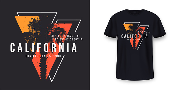 California, Los Angeles t-shirt design. T shirt print design with palm tree. T-shirt design with typography and tropical palm tree for tee print, apparel and clothing. Vector