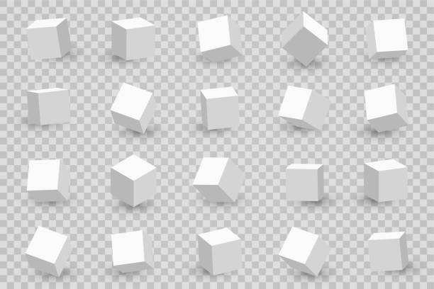 3d-würfel in unterschiedlicher perspektive, winkeln und isometrischer ansicht. white cubes oder blöcke mit schatten isoliert auf hintergrund - würfel stock-grafiken, -clipart, -cartoons und -symbole