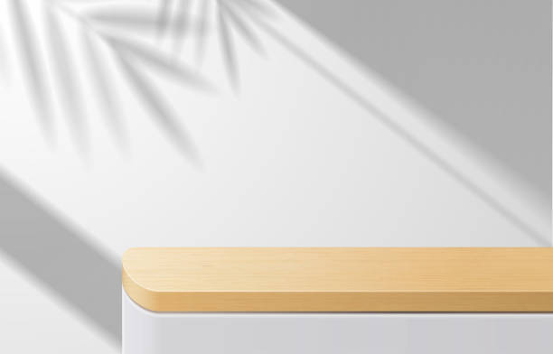ilustrações de stock, clip art, desenhos animados e ícones de empty minimal wooden top table, wood podium in white background with shadow leaves. for product presentation, mock up, show cosmetic product display, podium, stage pedestal or platform. 3d vector - wood table