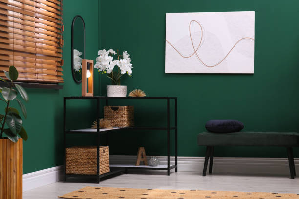 istock Modern hallway interior with beautiful orchid flower on console table near comfortable bench 1326576749