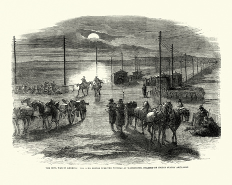 Vintage illustration of American Civil War, Long Bridge over the Potomac, Washington, guarded by United States Artillery, 1861, 19th Century.