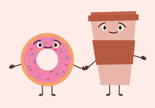 Vector illustration of Coffee and donut are the best friends. Vector illustration of meal. Funny Cartoon Characters.