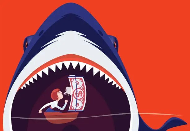 Vector illustration of angry shark eating sailboat and businesswoman