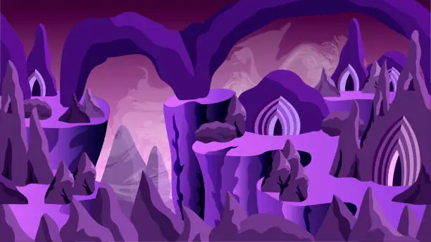 Vector illustration of Fantazy game background - underground drow city. Magic world of dark elves, rocks and caves. Vector illustration