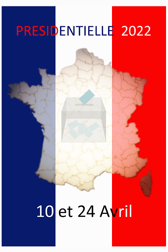 Map of France on a blue, white and red background, representing the French national flag. In the center an electoral ballot box with 5 blue ballots inside and a ballot presented in front of the opening of this ballot box. At the top, inscription: Presidential Election. At the bottom of the image, it reads: April 10 and 24.