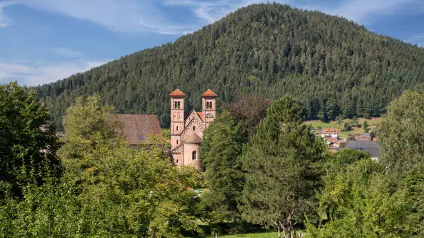 View of the monastery church in Klosterreichenbach, district of Baiersbronn, Germany in the Black Forest landscape