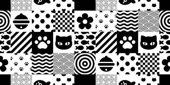 cat seamless pattern kitten calico vector checked japan wave pet yarn ball toy scarf isolated repeat background cartoon animal doodle tile wallpaper illustration design