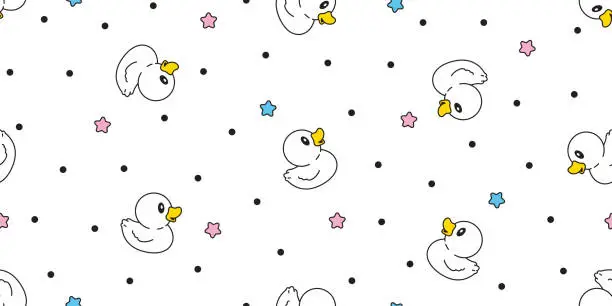 Vector illustration of duck seamless pattern rubber duck bathroom shower star toy chicken bird vector pet scarf isolated cartoon animal tile wallpaper repeat background doodle illustration design