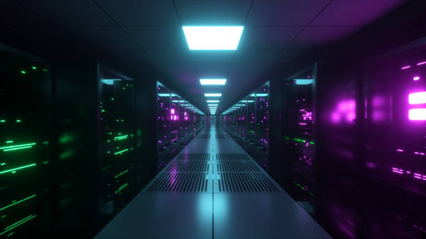 istock Digital data transmission to data servers behind glass panels in a data center server room. High speed digital lines. 3d illustration 1326585600